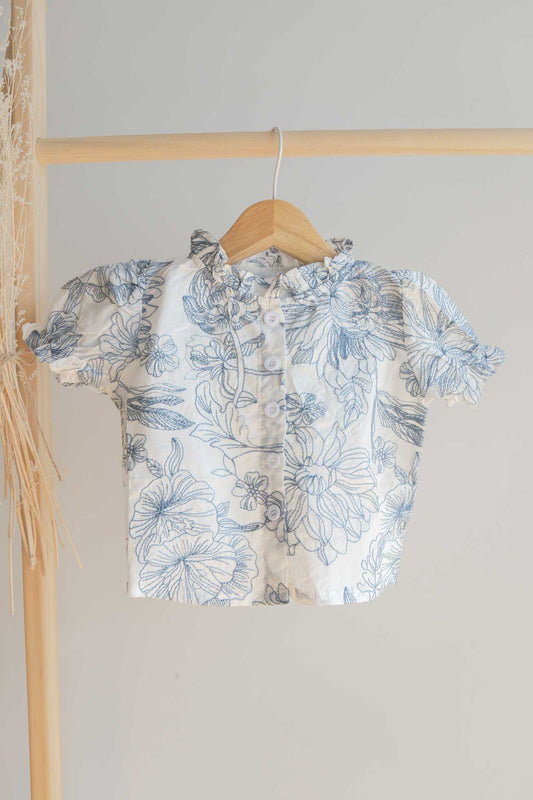 camisa estilo hawaiano bordado de flores azul