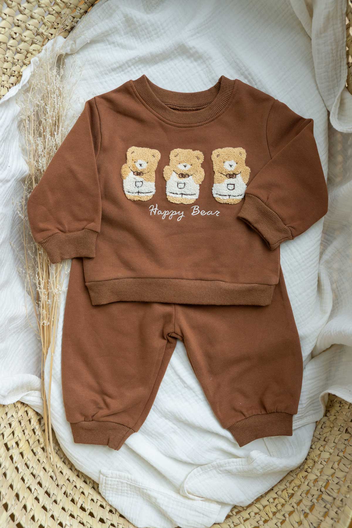 conjunto sudadera de ositos con pantalón chandal a juego color marrón suave y cómodo para tu bebe 