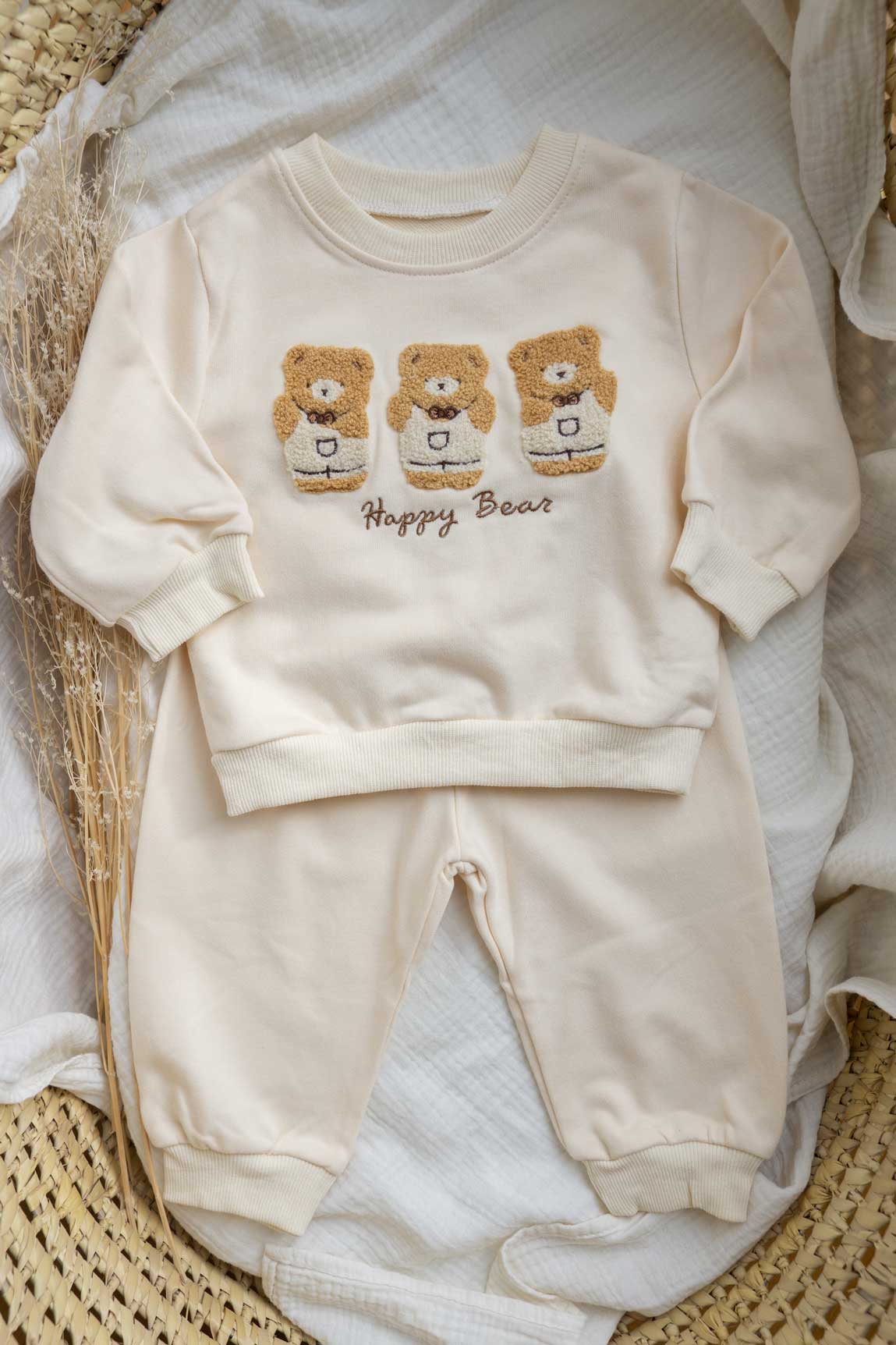 conjunto sudadera de ositos con pantalón chandal a juego color beige suave y cómodo para tu bebe 100% algodón